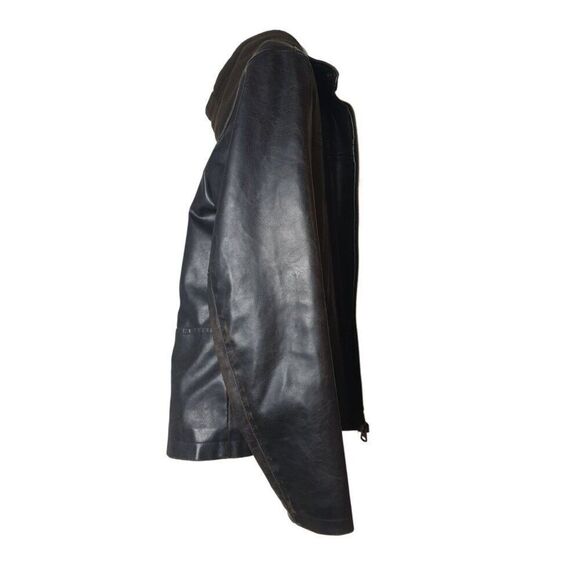 VTG Levi's Men's Faux Leather Jacket L With Brown Hoodie Quilted Lining Zip LG - Picture 2 of 6